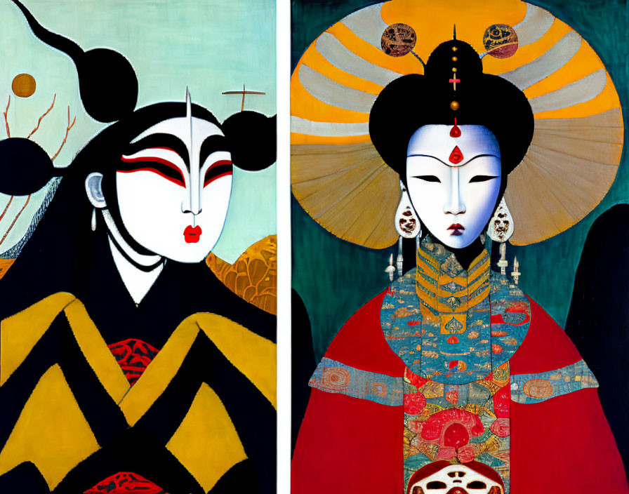 Stylized portraits of women with Asian features and elaborate headdresses in vibrant attire.