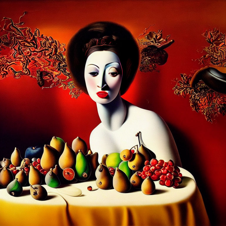 Surreal portrait of stylized woman with white skin and red lips