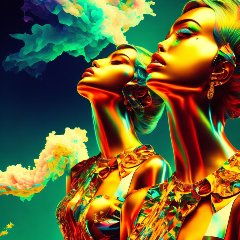 Stylized women with golden skin on colorful abstract background