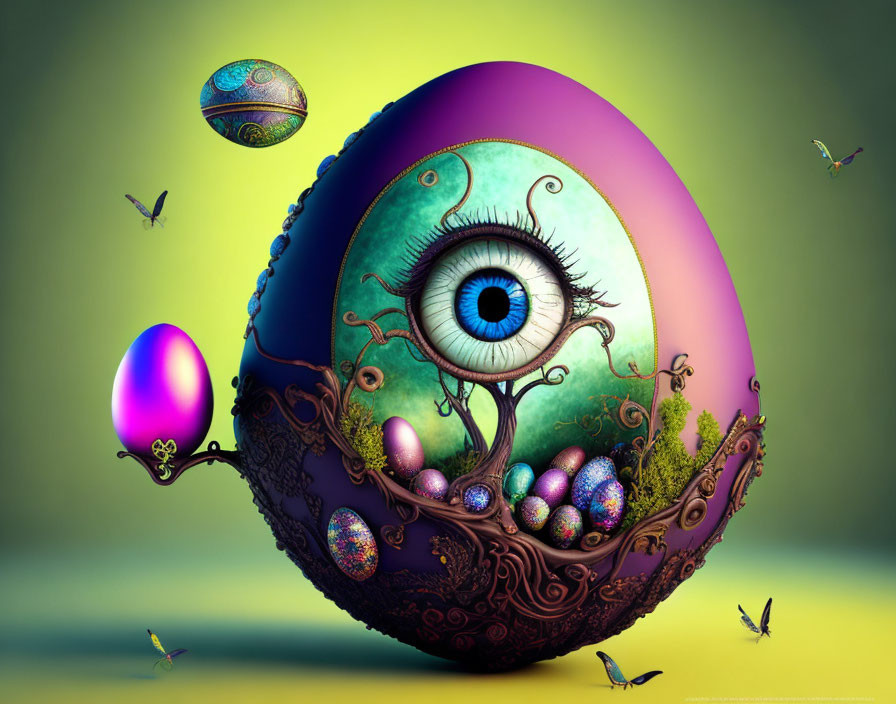 Colorful surreal digital artwork with eye egg, smaller eggs, vegetation, and butterflies on gradient background