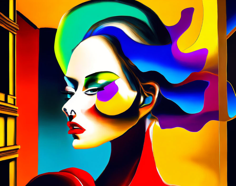 Colorful Abstract Digital Artwork Featuring Woman with Exaggerated Features