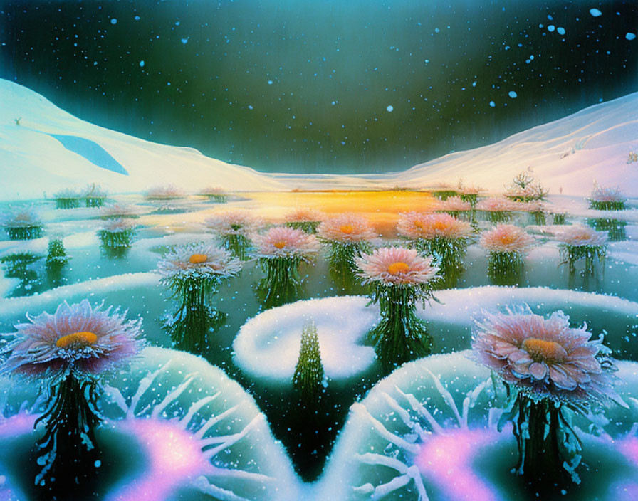 Surreal winter landscape with vibrant frozen flowers under starry sky