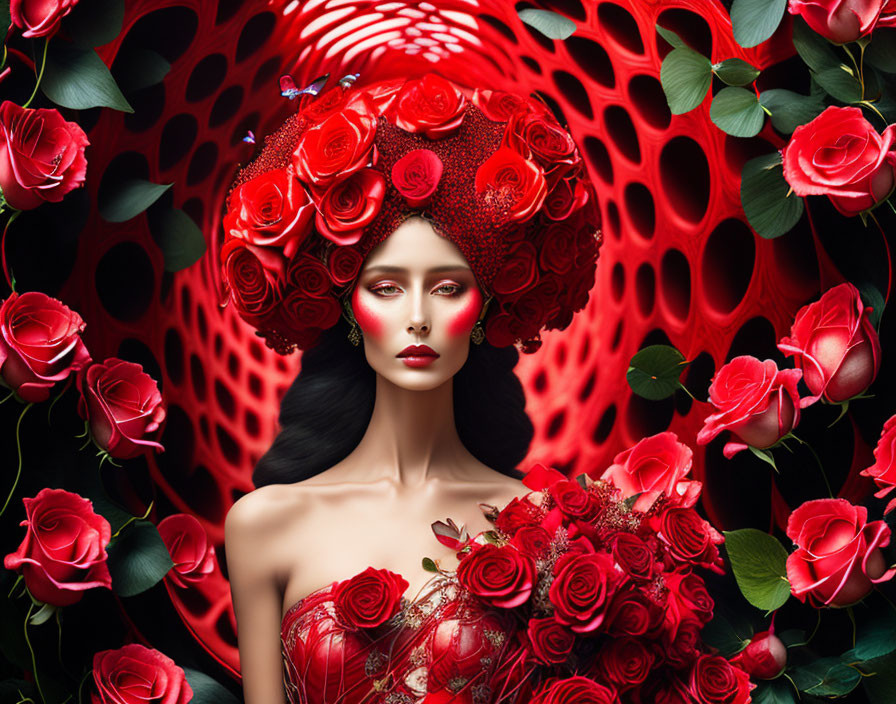 Woman in Red Floral Headdress Surrounded by Roses on Abstract Background