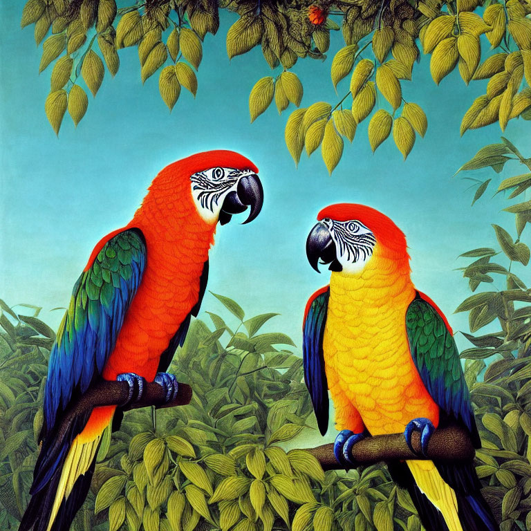 Colorful Macaws Perched in Lush Green Foliage