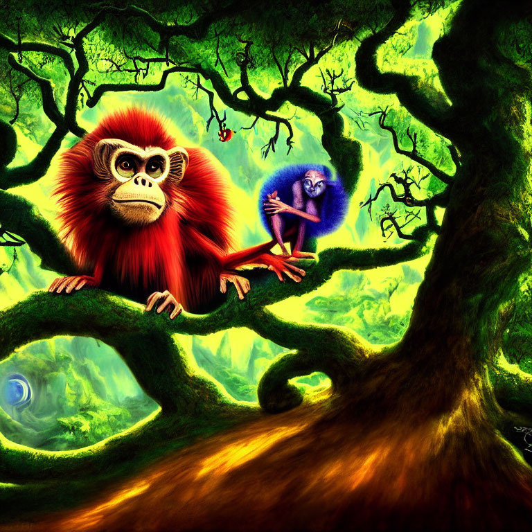 Colorful Illustration: Two Monkeys in Exaggerated Style Amid Lush Forest