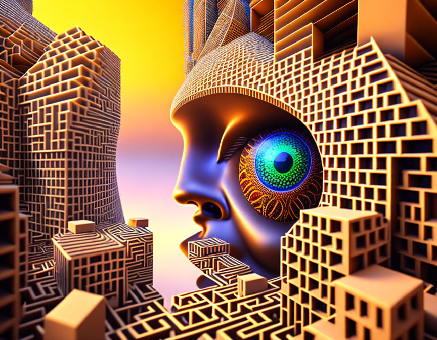 Colorful eye in surreal cityscape under orange sky
