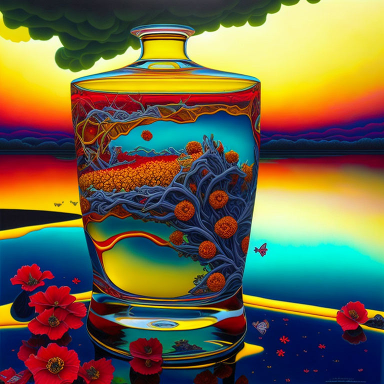 Colorful aquatic scene on glass vase with red flowers and gradient sky