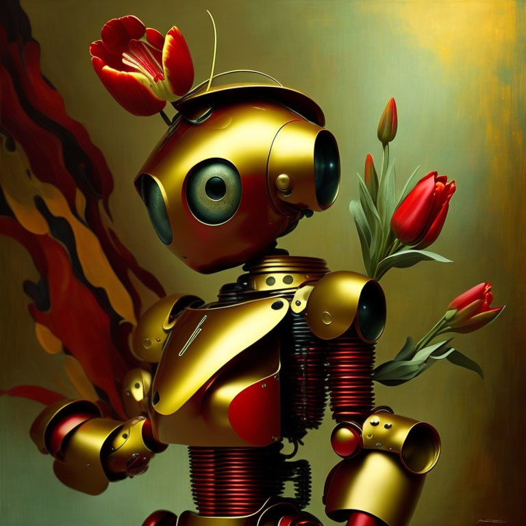 Golden humanoid robot with red tulips and butterfly in warm-toned backdrop