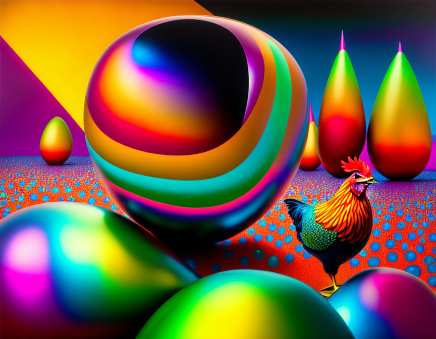 Colorful Rooster Art Among Glossy Shapes and Rainbow Sky