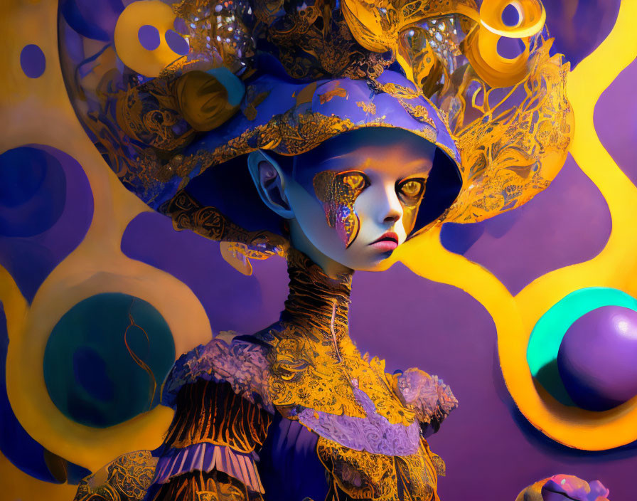 Surreal digital artwork of blue-skinned female figure with golden headdress in vibrant setting