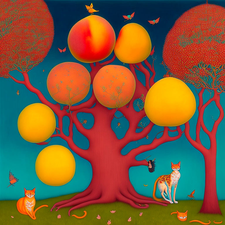 Colorful painting of trees with oversized yellow fruit, red foliage, birds, and cats.