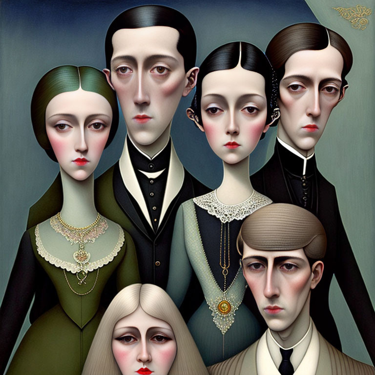 Six stylized individuals in elegant vintage attire with exaggerated facial features in a somber palette.