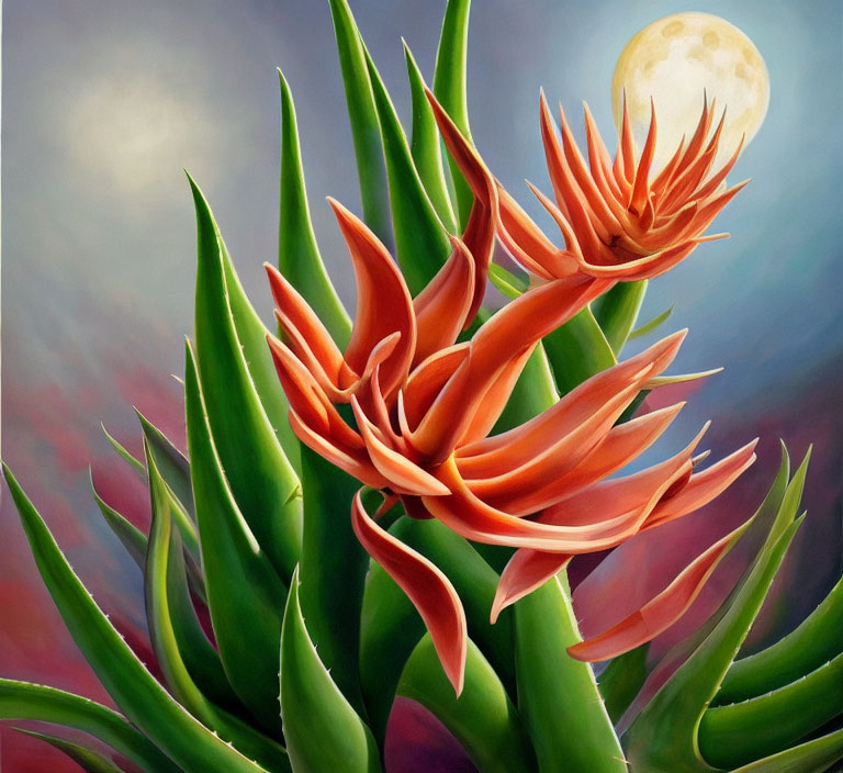 Colorful painting of blooming red-orange flowers in a twilight setting