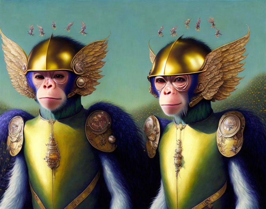 Two monkeys in historical military uniforms with helmets and decorations