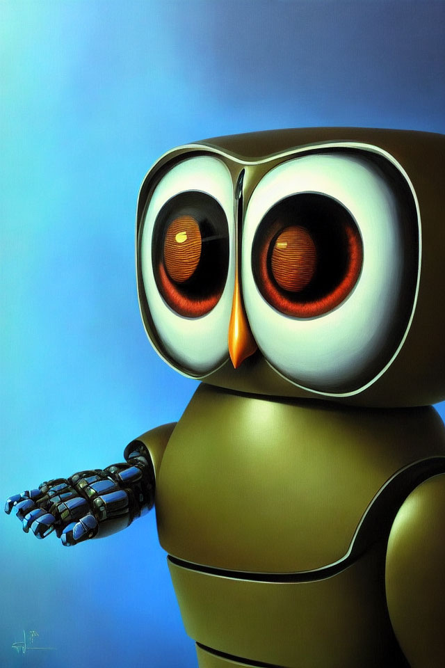 Stylized robotic owl with expressive eyes and mechanical claw on blue gradient background