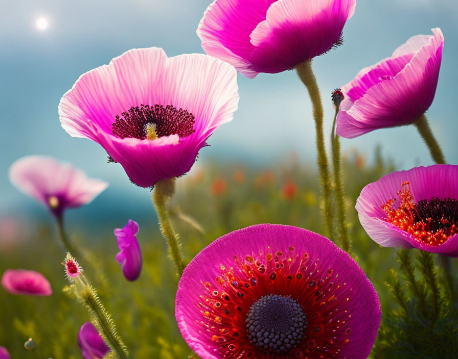 Bright Pink Poppies with Dark Centers Against Soft Green Background
