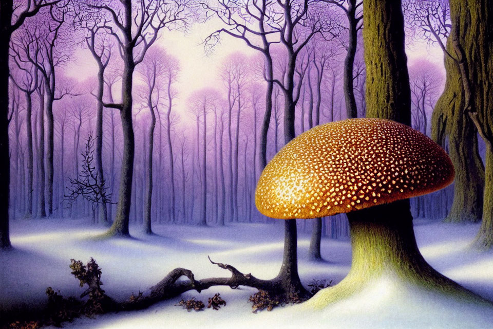 Glowing mushroom in mystical purple forest with snow