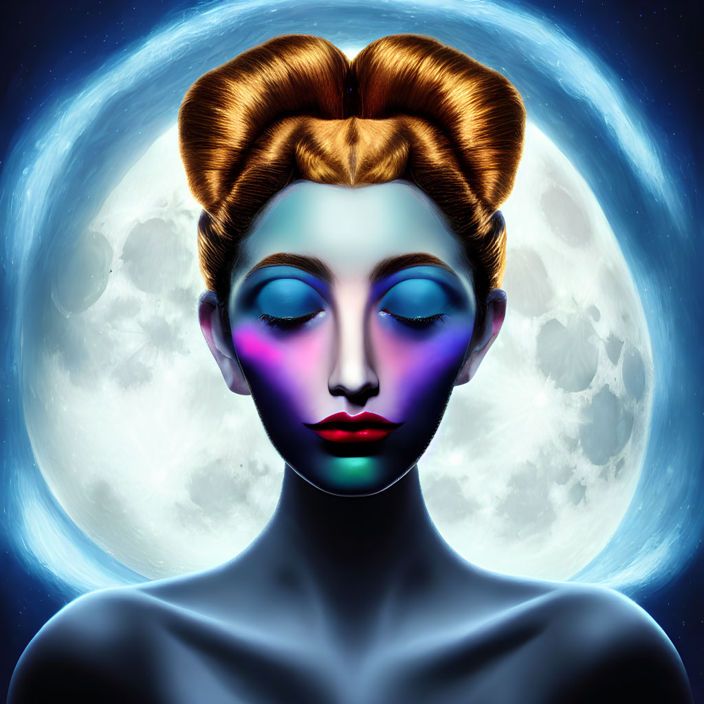 Vibrant blue and green makeup on woman with moon and stars backdrop