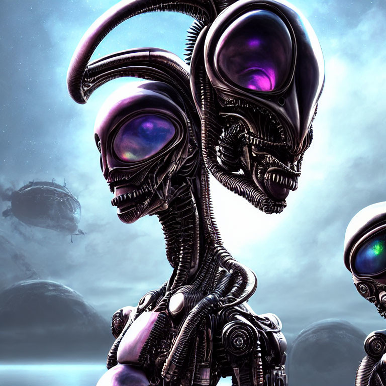 Surreal robotic entities with horn-like appendages and glowing purple eyes in ominous sky.