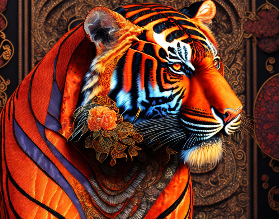 Colorful Digital Artwork: Tiger in Orange Fabric with Intricate Patterns