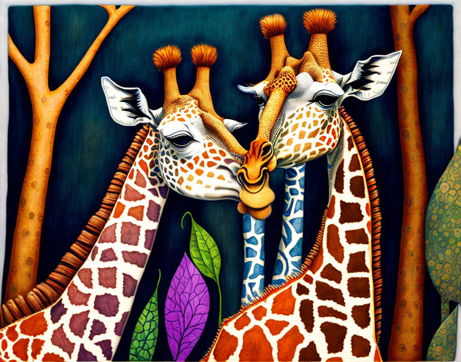 Stylized giraffes with patterned necks in colorful foliage on dark teal.
