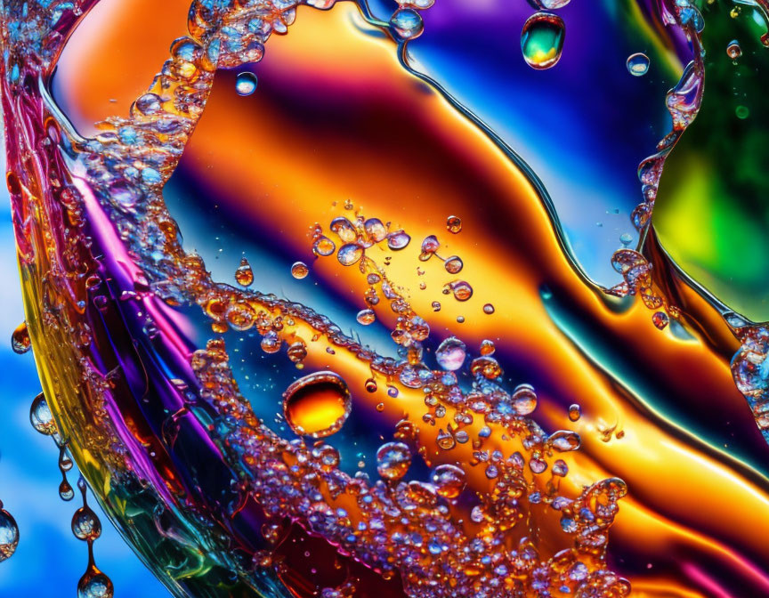 Colorful water droplets on iridescent oily surface: Abstract liquid textures