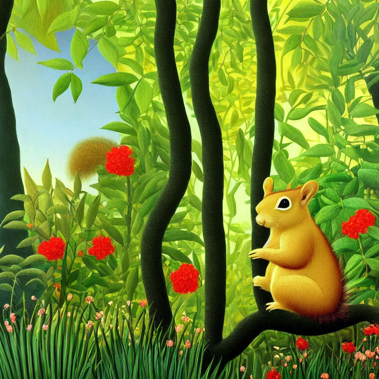 Golden squirrel in lush greenery with red flowers: Enchanting woodland scene