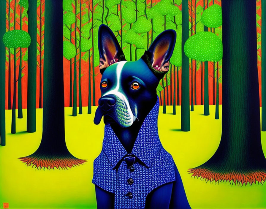Colorful artwork of a dog in human-like clothing in surreal forest
