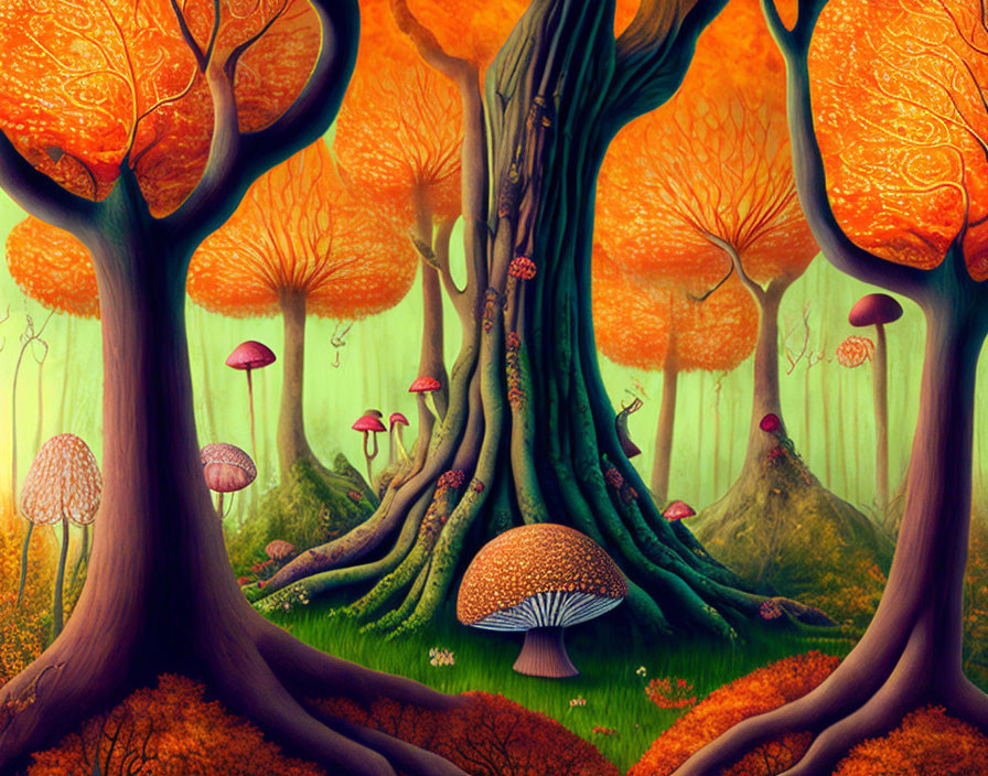 Colorful forest scene with whimsical trees and mushrooms on green backdrop
