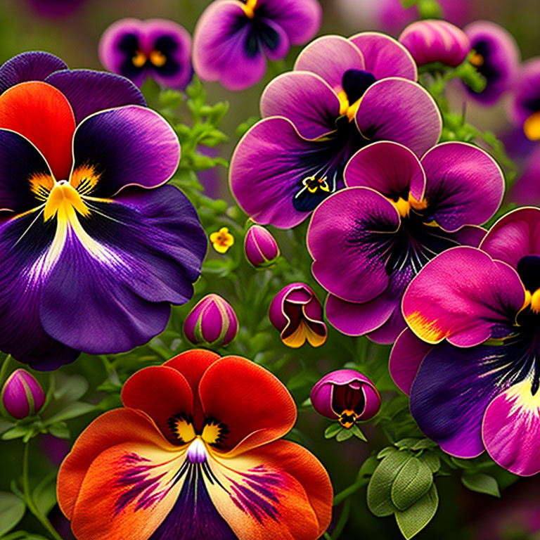 Colorful Pansies in Purple, Orange, and Yellow with Green Background