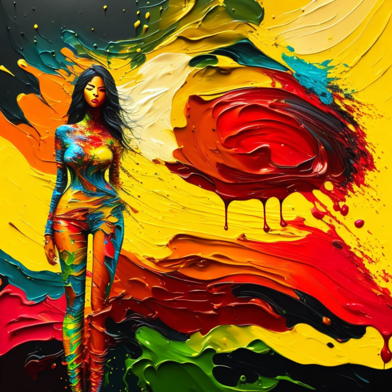Vibrant female figure merges with colorful paint splatters