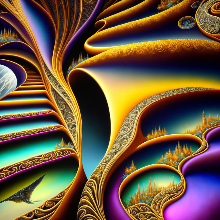 Colorful Abstract Fractal Image with Swirling Orange, Blue, and Purple Patterns