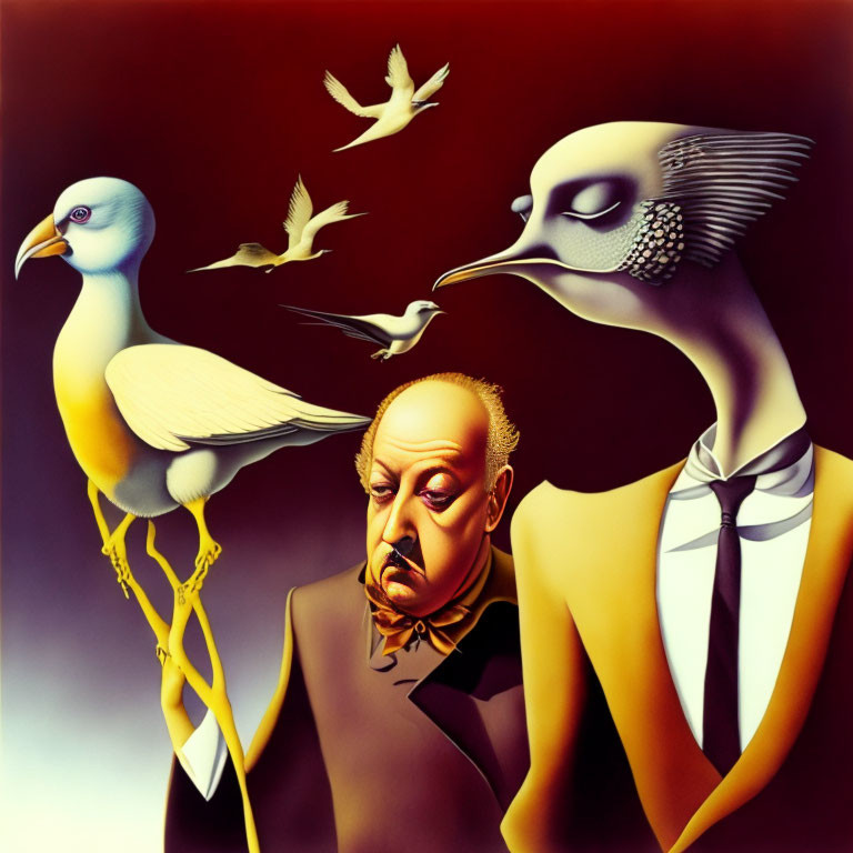 Surreal artwork: Man with bird-like creatures, human and avian elements, gradient background