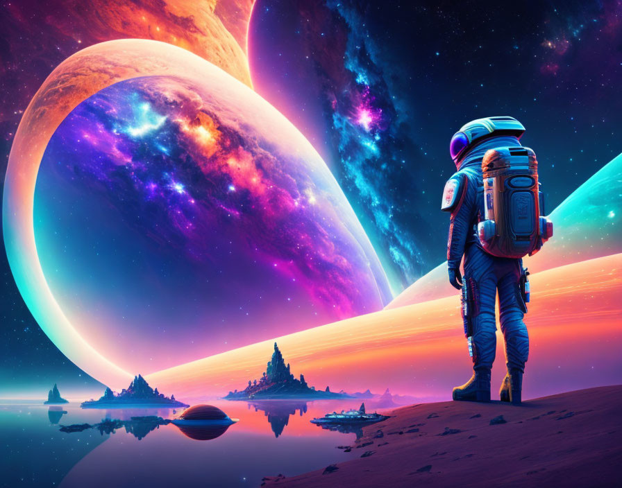 Astronaut observing vibrant cosmic skyline on alien planet
