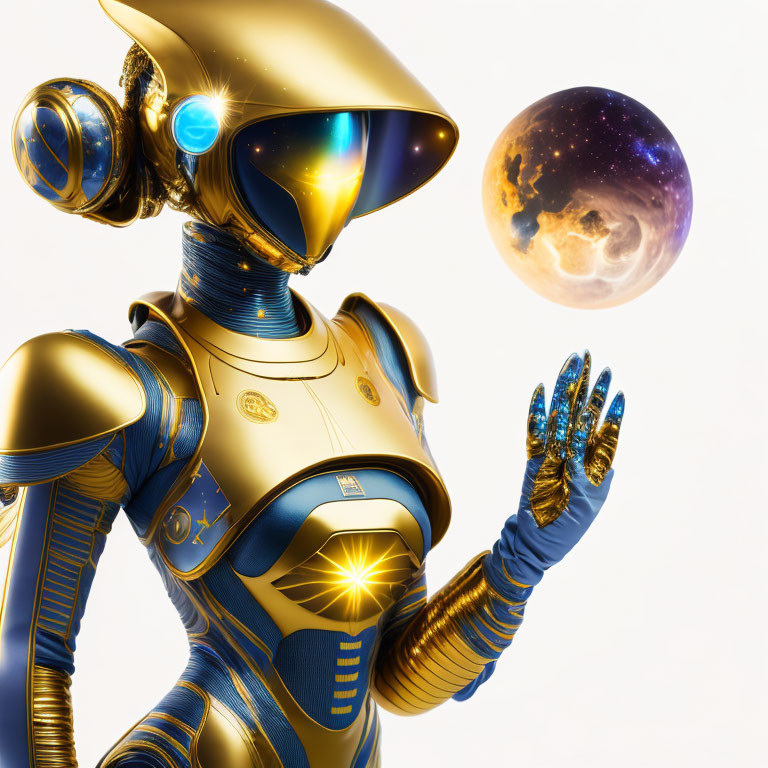 Golden futuristic robot with illuminated elements and sleek design observing floating earth-like planet on white background