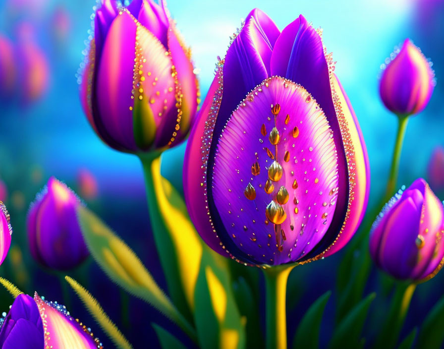 Vibrant Purple Tulips with Water Droplets on Petals in Blue Background