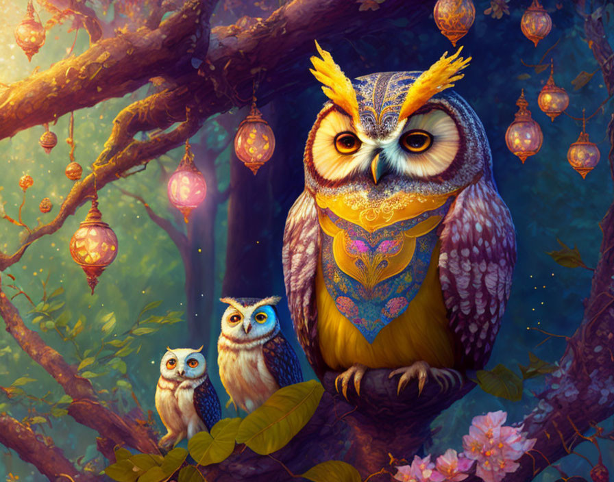 Colorful Stylized Owls Perched Among Pink Blossoms in Twilight Forest
