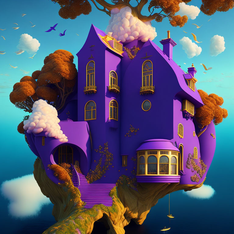 Purple House on Floating Island with Trees and Birds against Blue Sky
