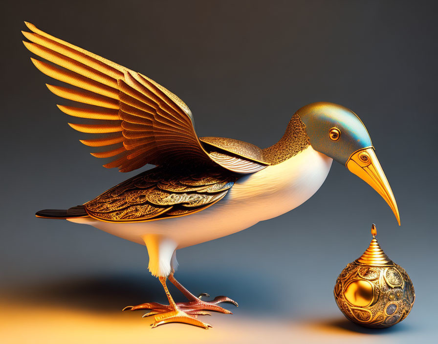 Mechanical bird with golden patterns and decorative orb on amber background