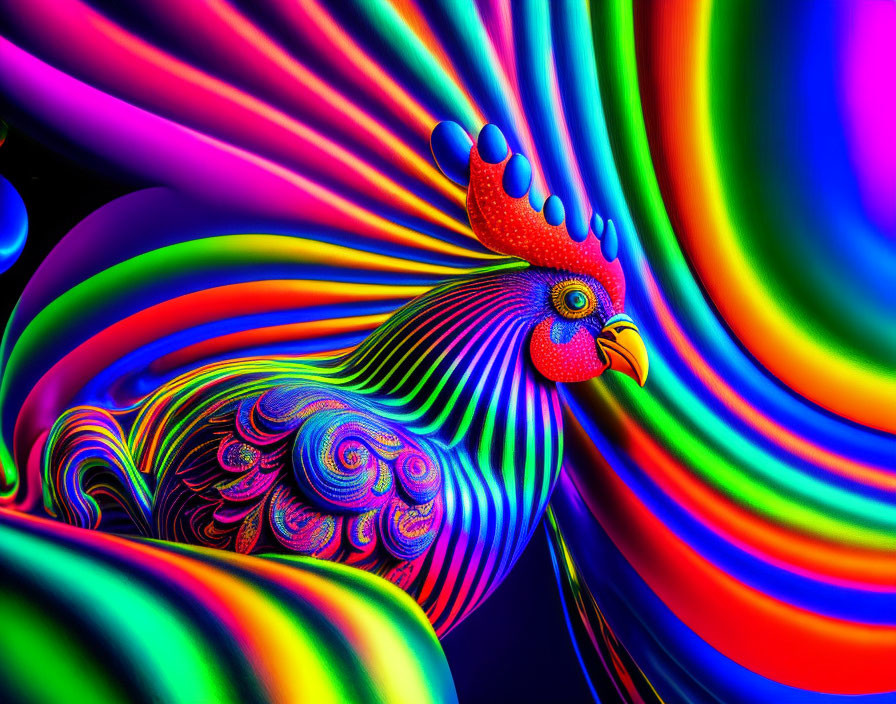 Colorful Psychedelic Rooster Illustration on Multicolored Background