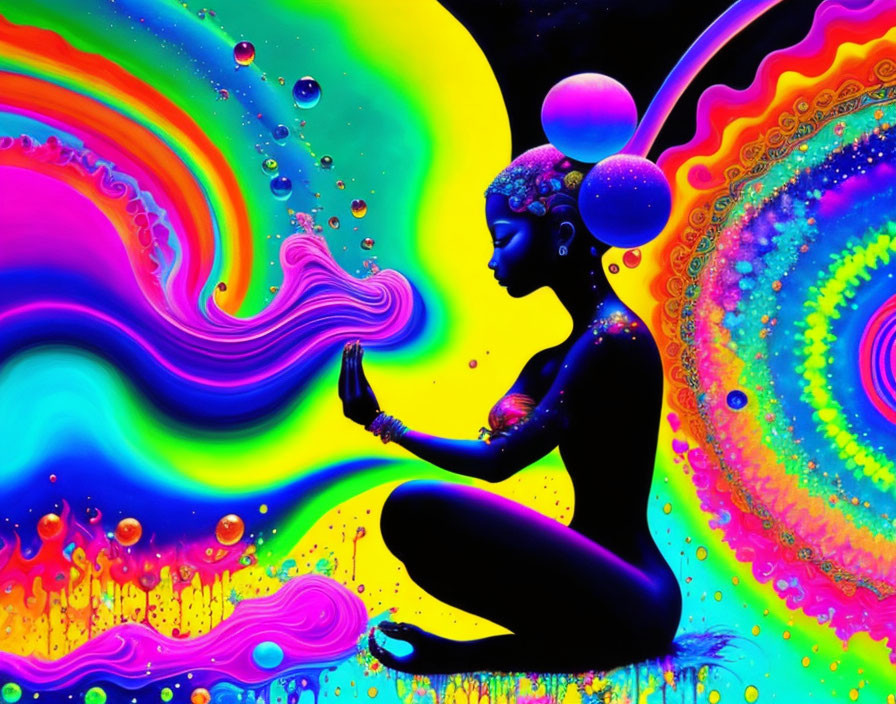 Colorful digital artwork of meditative figure in psychedelic swirls