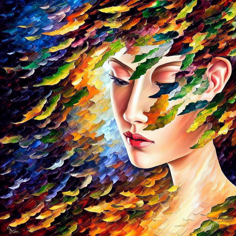 Colorful Abstract Painting of Woman's Profile with Feather-Like Hair Strokes