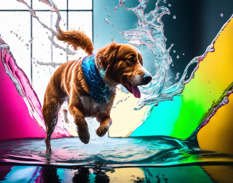 Colorful backdrop: Playful dog in blue scarf splashes water, vibrant splashes mid-air