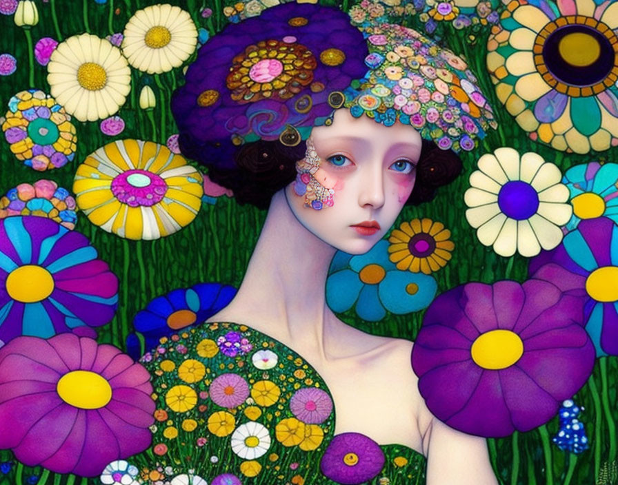 Colorful Flower-Adorned Portrait Against Vibrant Background