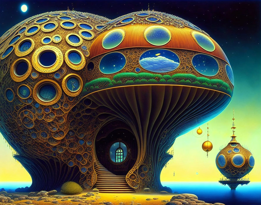 Fantastical painting: Ornate mushroom structures under starry sky