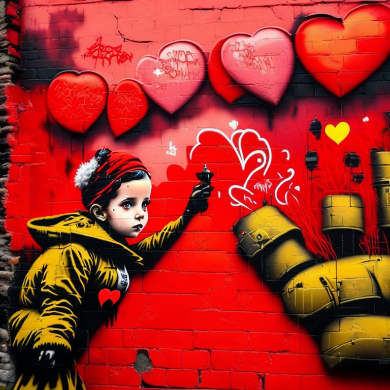 Child in yellow jacket graffiti with hearts and balloons on red wall
