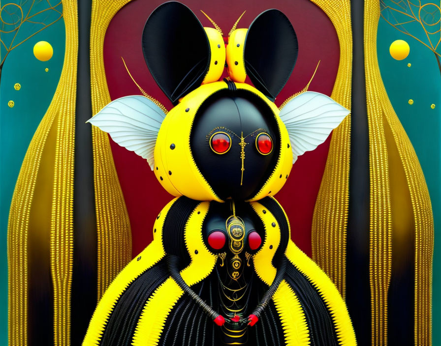 Colorful digital artwork of stylized mechanical bee on abstract background