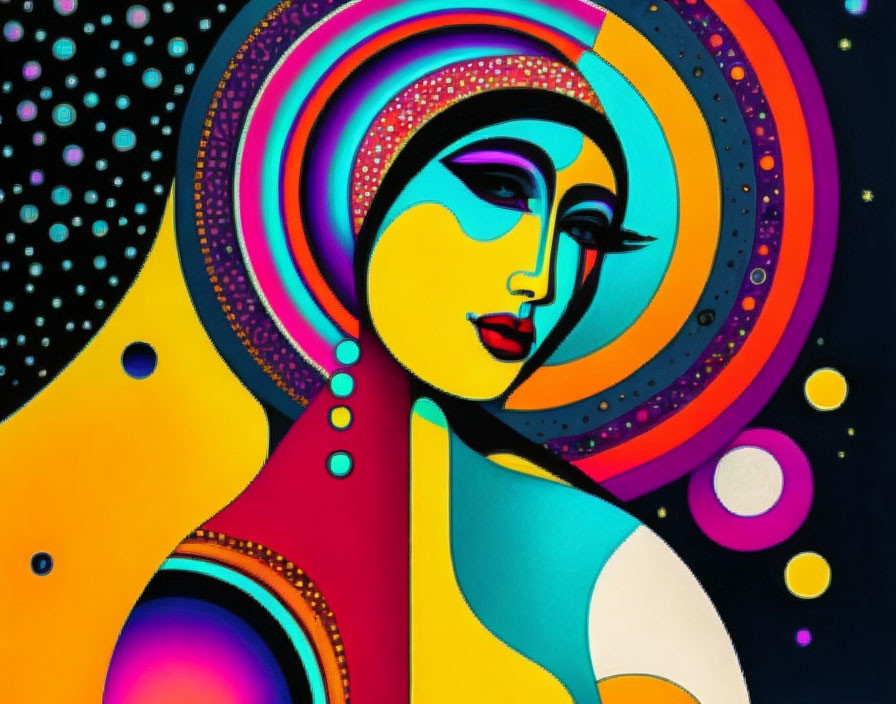 Vibrant abstract portrait of stylized woman with circular patterns on dark background