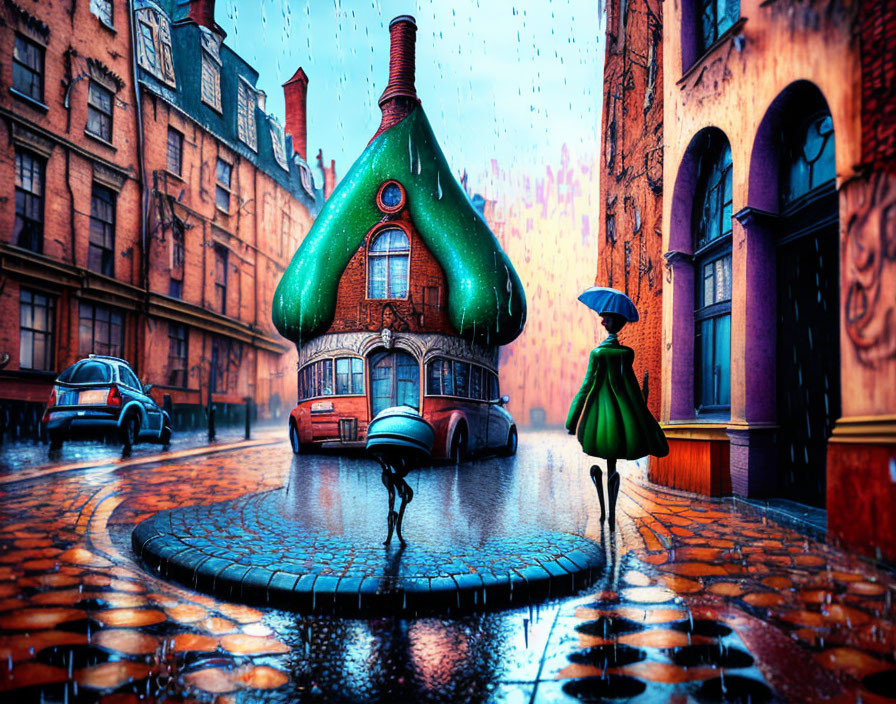 Colorful urban scene: person with umbrella, pear-shaped house, rainy street.