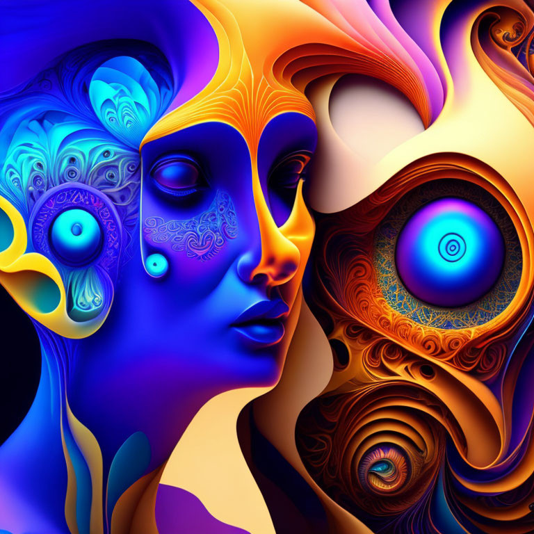 Colorful digital artwork: Two stylized faces with intricate patterns in surreal design